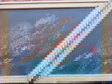 Painting, still-life with flowers & decorative charger, unsigned, oil on canvas, 25.25" by 34",