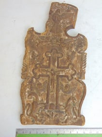 Early carved wood religious panel with crucifix, angels, dove, some loss, 19.5" tall, width is 10"