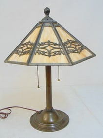 Slag glass panel lamp, octagonal shade, one panel has small chip, not visible from outside, height