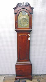 Antique grandfather, tall case clock, brass face, "William Burr Paisley, case locked, with pendulum
