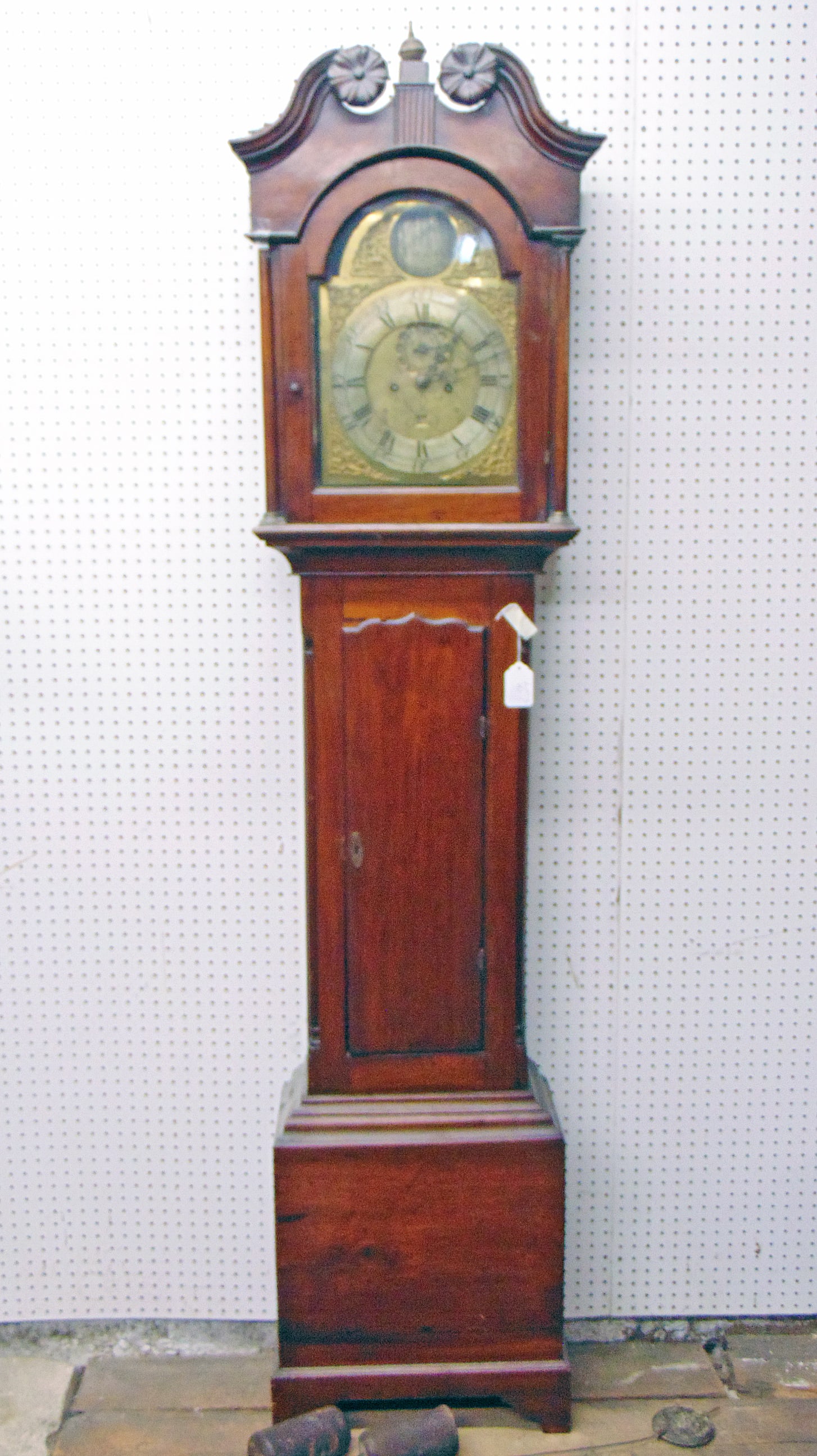 Antique grandfather, tall case clock, brass face, "William Burr Paisley, with pendulum: Antique grandfather, tall case clock, brass face, "William Burr Paisley, with pendulum & weights, clock is 89" tall.
