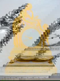 Bronze & marble figural mantle clock, lady with putti, gilt bronze & white marble, enameled face,