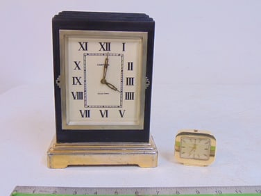 2 Cartier clocks, small travel alarm clock & electric art deco style desk clock (repainted case),