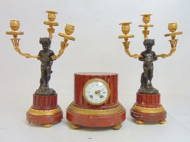 3 piece marble & bronze clock set, column shaped red marble clock & figural bronze & red marble