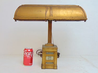 I.P. Frink Art Deco bankers desk lamp calendar combination with copper patina, calendar in base,