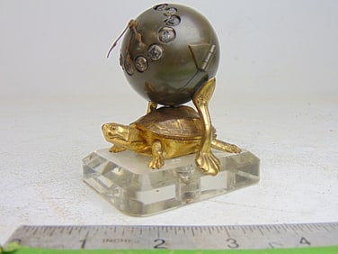 Bronze ball form travel clock on gilt bronze & crystal, turtle base, 3.5" by 2 5/8", height is 4",