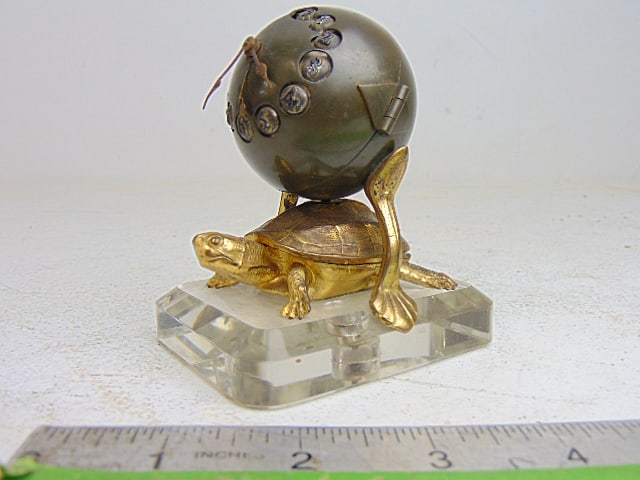 Bronze ball form travel clock on gilt bronze & crystal, turtle base, 3.5" by 2 5/8", height is 4",: Bronze ball form travel clock on gilt bronze & crystal, turtle base, 3.5" by 2 5/8", height is 4", not running