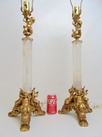 Pair bronze mounted rock crystal column lamps, decorated with mermaids, gilt bronze, no shades,