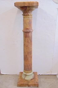 Marble & onyx pedestal with gilt bronze collar, trim, height is 45", top is 11" by 11", breaks down.