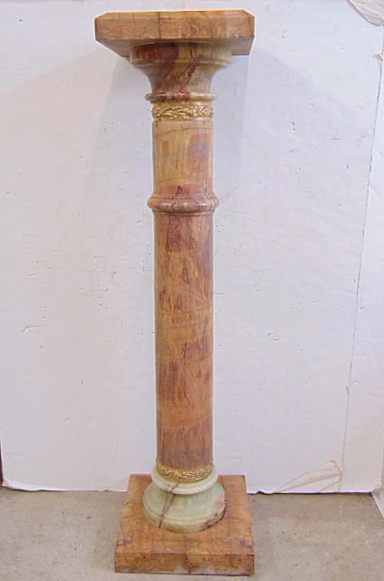 Marble & onyx pedestal with gilt bronze collar, trim, height is 45", top is 11" by 11", breaks down.: Marble & onyx pedestal with gilt bronze collar, trim, height is 45", top is 11" by 11", breaks down.