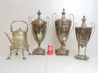 3 large Victorian silver plated water urns and a tilt tea pot, decorated, tallest urn is 22.5"