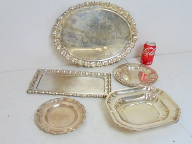 5 silver trays, '800 silver, 70 troy weight, largest tray is 17" by 13"