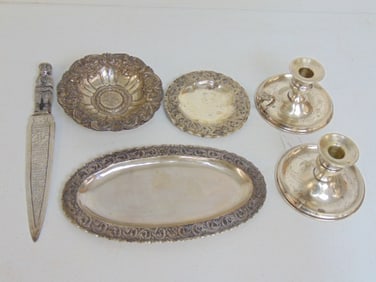 Silver lot, pair candle holders, Mayan style letter opener, tray, bowl & small plate, '800 silver,