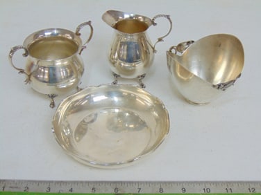 4 pieces sterling, sugar & creamer, Boardman bowl with floral detail, Mexican sterling dish, 23 troy