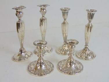 3 pair weighted sterling silver candlesticks, 2 tall sets, 9.25" & 8.5" tall, & pair low candle