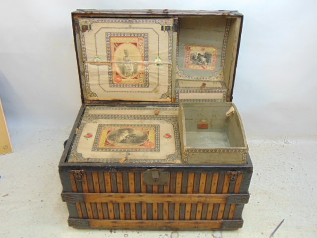 Ladies travel wainscot trunk by Martin Maier, in excellent condition with original interior, decals: Ladies travel wainscot trunk by Martin Maier, in excellent condition with original interior, decals in good condition, late 19th Century, trunk is 34.5" by 21", height is 28"