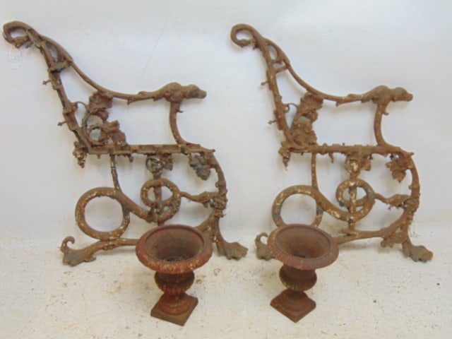 Pair cast iron bench ends with dog faces & pair small cast iron urns, urns are 9.75" tall: Pair cast iron bench ends with dog faces & pair small cast iron urns, urns are 9.75" tall