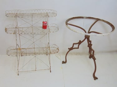 Iron table base & Victorian wire planter, 3 tier folding planter, some breaks, as is, height is 35"