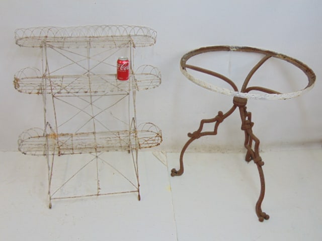 Iron table base & Victorian wire planter, 3 tier folding planter, some breaks, as is, height is 35": Iron table base & Victorian wire planter, 3 tier folding planter, some breaks, as is, height is 35" depth is 21", width is 29.75", iron table base is 27.75", height is 31", has extensive rust