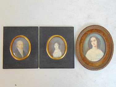 3 miniature portraits, pair & single, pair portraits, man & woman, in black frames, 4.75" by 4" &