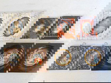 8 miniature paintings, portraits, includes two pairs, various portraits, includes two portraits of