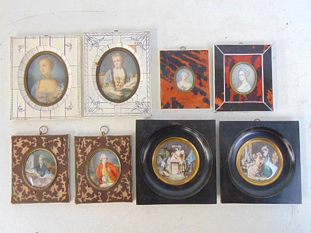 8 miniature paintings, portraits, includes two pairs, various portraits, includes two portraits of: 8 miniature paintings, portraits, includes two pairs, various portraits, includes two portraits of ladies in natural frames 5 3/8" by 4.5"; pair portraits, "King Georg & Queen Charlotte of England, 4.