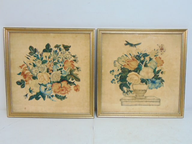 Pair velvet Theorems, floral scenes, each Theorem is 18.5" by 18.5" framed size: Pair velvet Theorems, floral scenes, each Theorem is 18.5" by 18.5" framed size