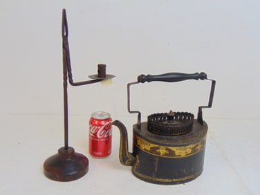 Early rush light & tole teapot, wrought iron rush light on wood base is 16" tall, paint decorated