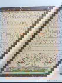 Large framed sampler, no name, decorated with flowers, deer, alphabet, numbers more, 24.25" by 18.5"