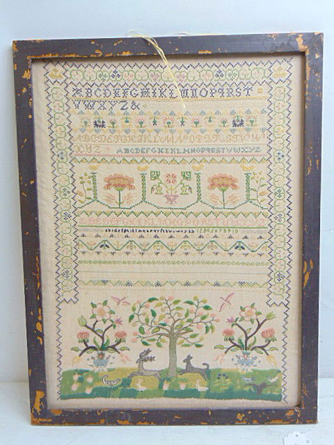 Large framed sampler, no name, decorated with flowers, deer, alphabet, numbers more, 24.25" by 18.5": Large framed sampler, no name, decorated with flowers, deer, alphabet, numbers more, 24.25" by 18.5" frame size