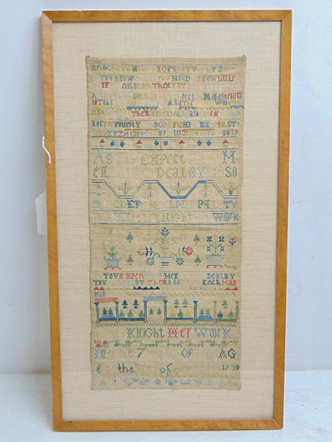Framed sampler, "Mary Knight Her Work, in the 7th year of her age in the year of our Lord 1739",: Framed sampler, "Mary Knight Her Work, in the 7th year of her age in the year of our Lord 1739", 18.25" by 8.25", framed size is 23" by 13"