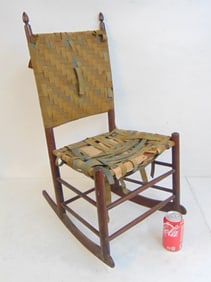 Shaker child's rocking chair, needs restoration, one cross stretcher is split, fabric is loose,