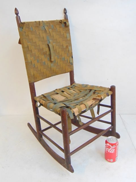 Shaker child's rocking chair, needs restoration, one cross stretcher is split, fabric is loose,: Shaker child's rocking chair, needs restoration, one cross stretcher is split, fabric is loose, missing, chair is 15" wide, 19.5" deep (rocker), height is 28.75"