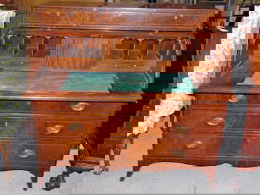 Mahogany inlaid cylinder desk, early 19th century Hepplewhite style, triple drawer base, fitted desk