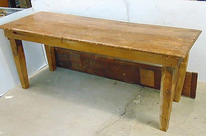Primitive pine table with single drop leaf side, hinged with leather straps, straps are broken,
