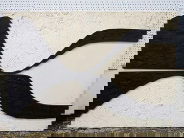 Painting, Robert Boerenstein, mixed media, plaster applied to canvas, in black & white, 50" by 70"