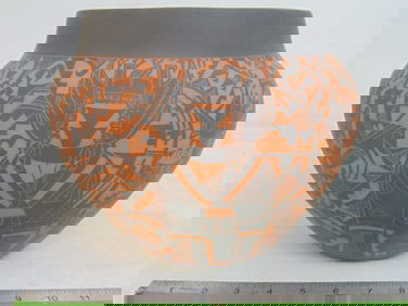 Acoma Native American pot by Ergil Vallo with incised decorations, birds, figures, in good