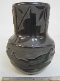 John Santa Clara black on black Native American vase, 9.5" tall, 7.25" wide, in good condition