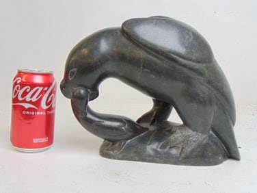 Carved soapstone Inuit bird sculpture, signed P. Sivuak, (Paulosie), 11" long, 5.5" wide, height is