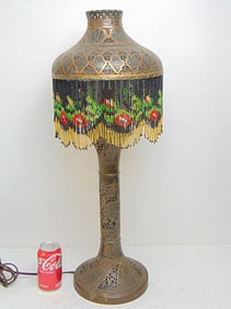 Persian table lamp in brass & copper, shade has hanging colored beads 10.5", lamp has writing on