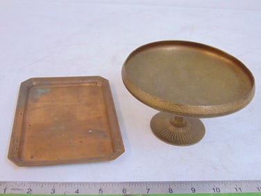 Tiffany bronze compote & engraved plate tray, compote is 6.5" in diameter, height is 3.75", tray is