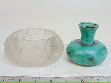 Lalique art glass bowl & Gustavsberg Argenta vase, Lalique bowl decorated with flowers is 5" by 4",