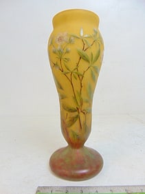 Daum Nancy art glass vase decorated with flowers, as is, has crack in base, height vase is 12.75"