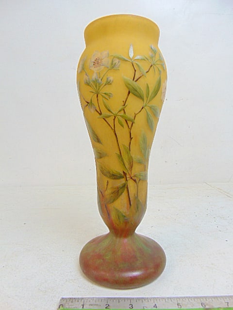 Daum Nancy art glass vase decorated with flowers, as is, has crack in base, height vase is 12.75": Daum Nancy art glass vase decorated with flowers, as is, has crack in base, height vase is 12.75" tall