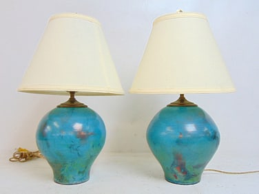 Pair Raku pottery lamps in blue, with shades, lamps are 9" tall (base only), total height including
