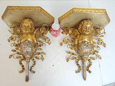 Pair figural wall brackets with winged putti figures, carved wood & metal, brackets are 16" tall,