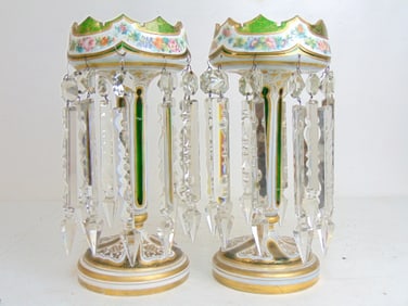 Pair Bohemian glass girandoles with hanging crystals, compotes are floral decorated, 13.25" tall,