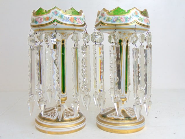 Pair Bohemian glass girandoles with hanging crystals, compotes are floral decorated, 13.25" tall,: Pair Bohemian glass girandoles with hanging crystals, compotes are floral decorated, 13.25" tall, good condition