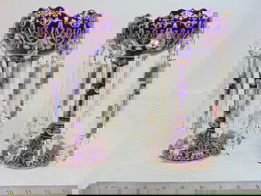 Pair Bohemian crystal compotes in cobalt & gilt with hanging crystals, 10" tall, diameter is 5.25",