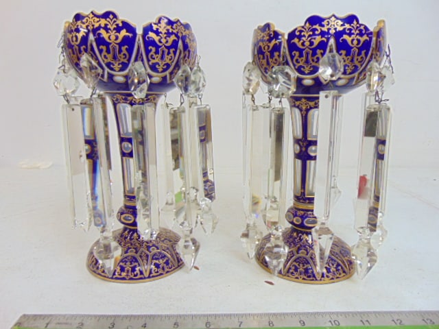 Pair Bohemian crystal compotes in cobalt & gilt with hanging crystals, 10" tall, diameter is 5.25",: Pair Bohemian crystal compotes in cobalt & gilt with hanging crystals, 10" tall, diameter is 5.25", some crystals have chips, two are missing tips